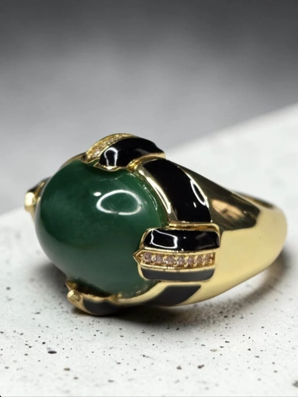 18k Gold Plated Onyx Enamel Green Onyx Glass Cabochon Oversized Statement Ring